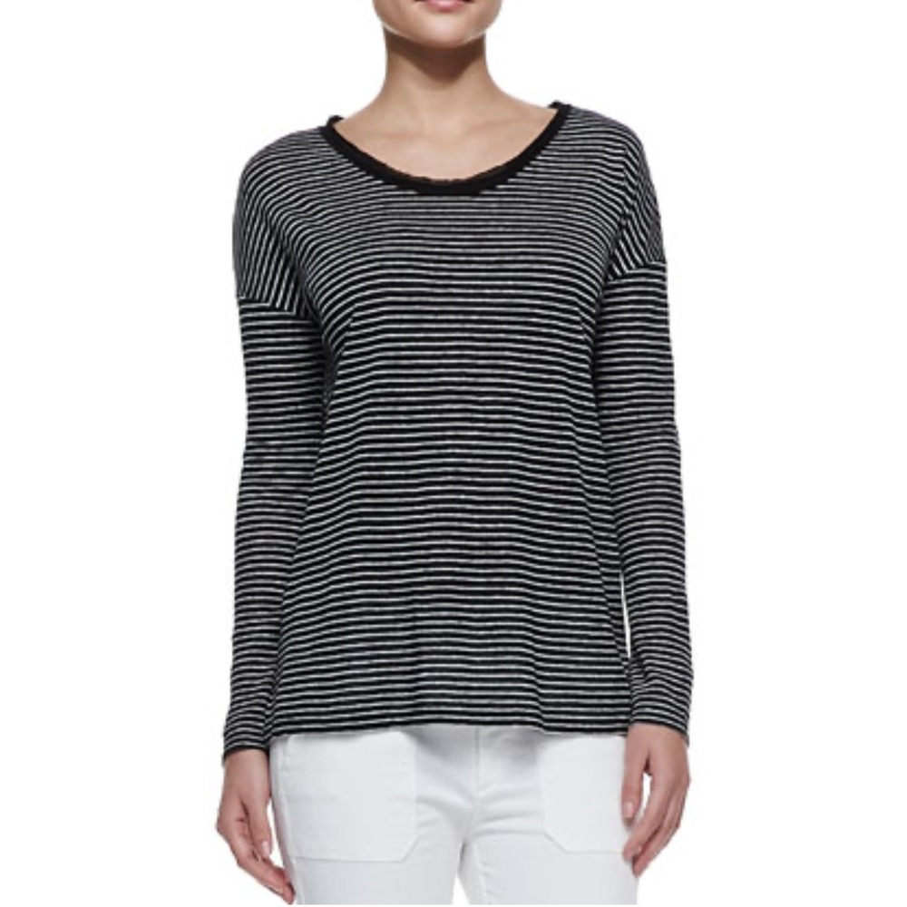 VINCE Women's SIZE-L Oversized Linen Stripe Long Sleeve‎ Tee Black $145